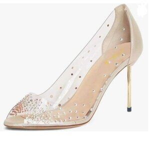 FSJ Nude Studded Peep Toe Transparent Pumps High Heels Shoes